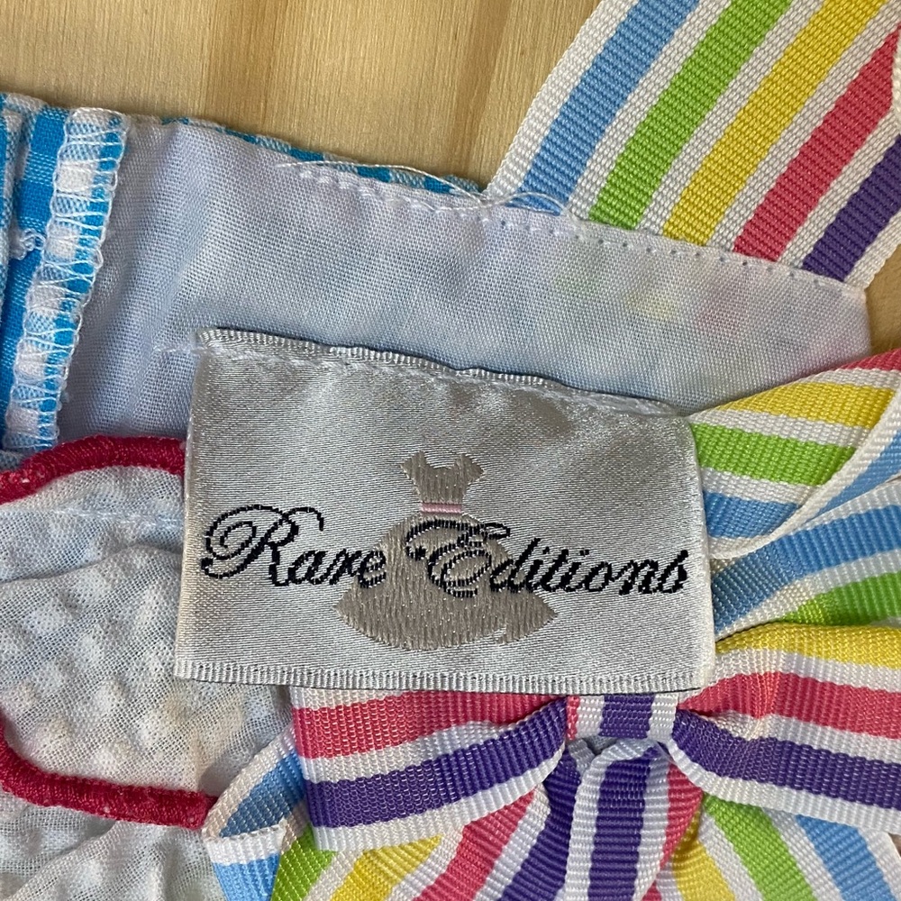 Rare Editions Blue Gingham Dress with Multicolor Striped Bow and Ruffles - Picture 5 of 7